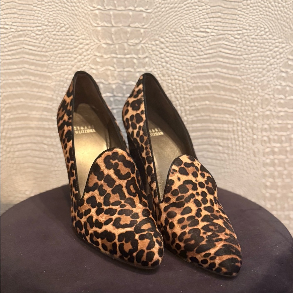 STUART WEITZMAN Leopard Print Calf Hair Loafer Heels